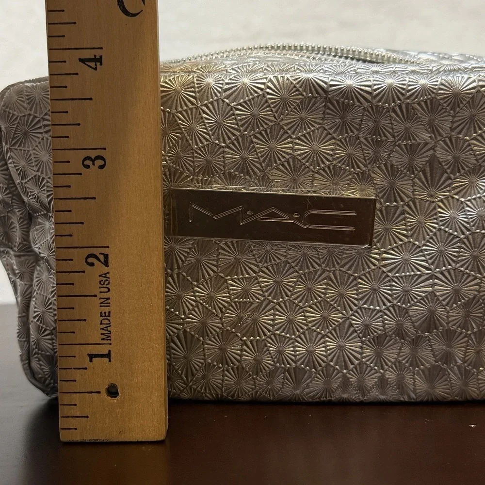 MAC Silver Metallic Cosmetic Makeup Bag Holiday 6in x 4in Zipper Close